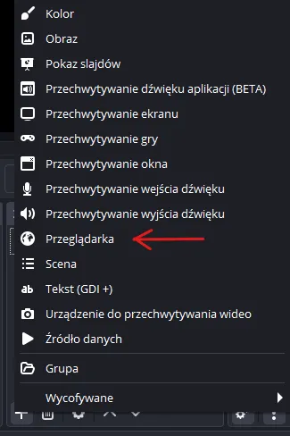 Wybór źródła przeglądarki w OBS